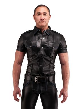 Mister B Leather Police Shirt Short Sleeves Blue Piping