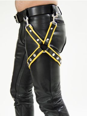 Mister B Leather Leg Harness Black-Yellow - buy online at www.misterb.com